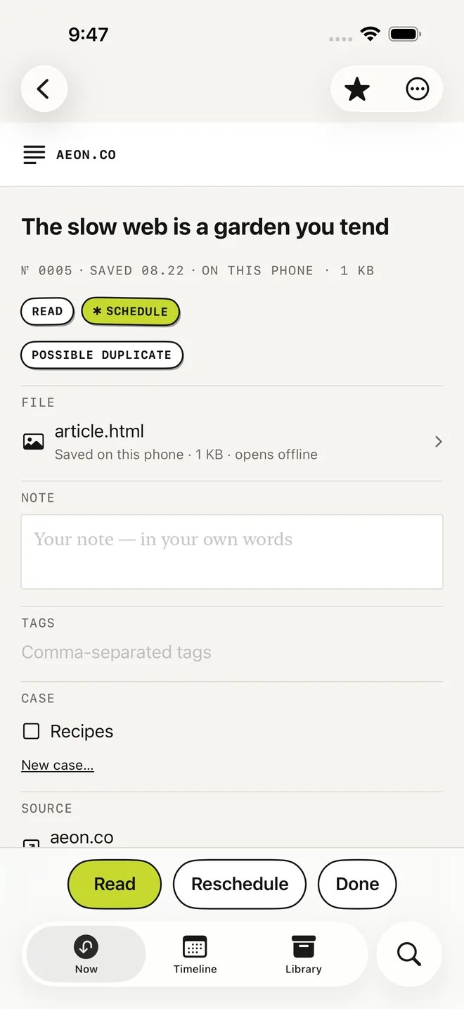 An item detail page showing one saved article with its accession number, source, return time, notes and tags laid out like a catalog entry.
