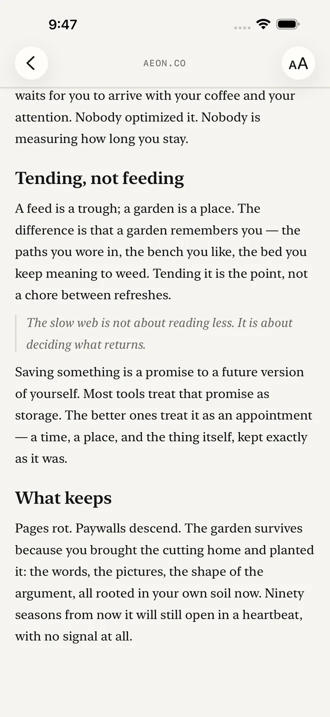 The reader showing a preserved article as clean body text with its images, in the app's own typography rather than a web page.