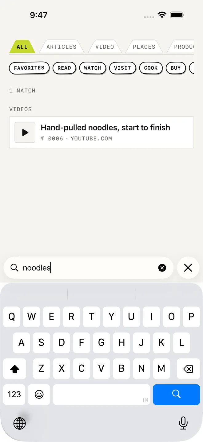 The Search tab showing results for a query, with the matching words highlighted inside article text and inside the text read out of a saved screenshot.